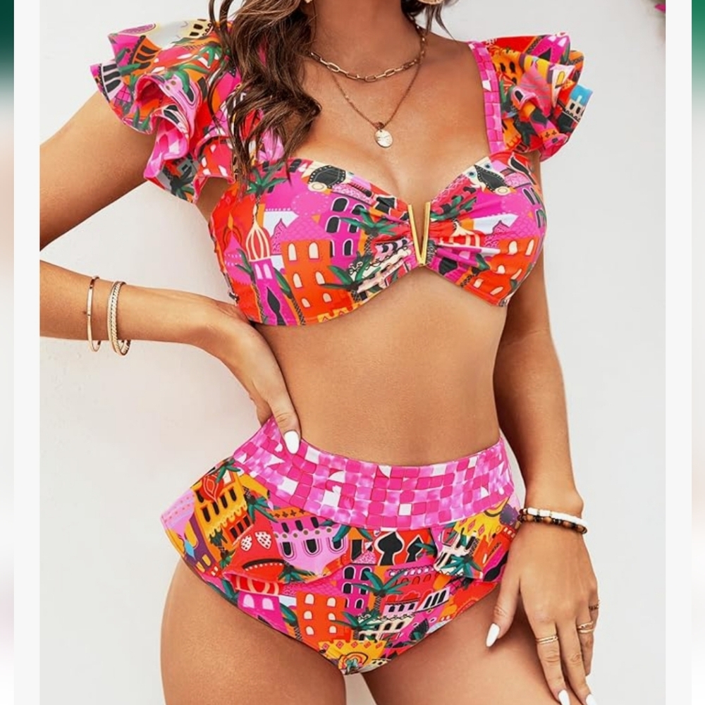 Floral High waisted Bikini ruffle v neck two piece padded bathing suit XL Pink